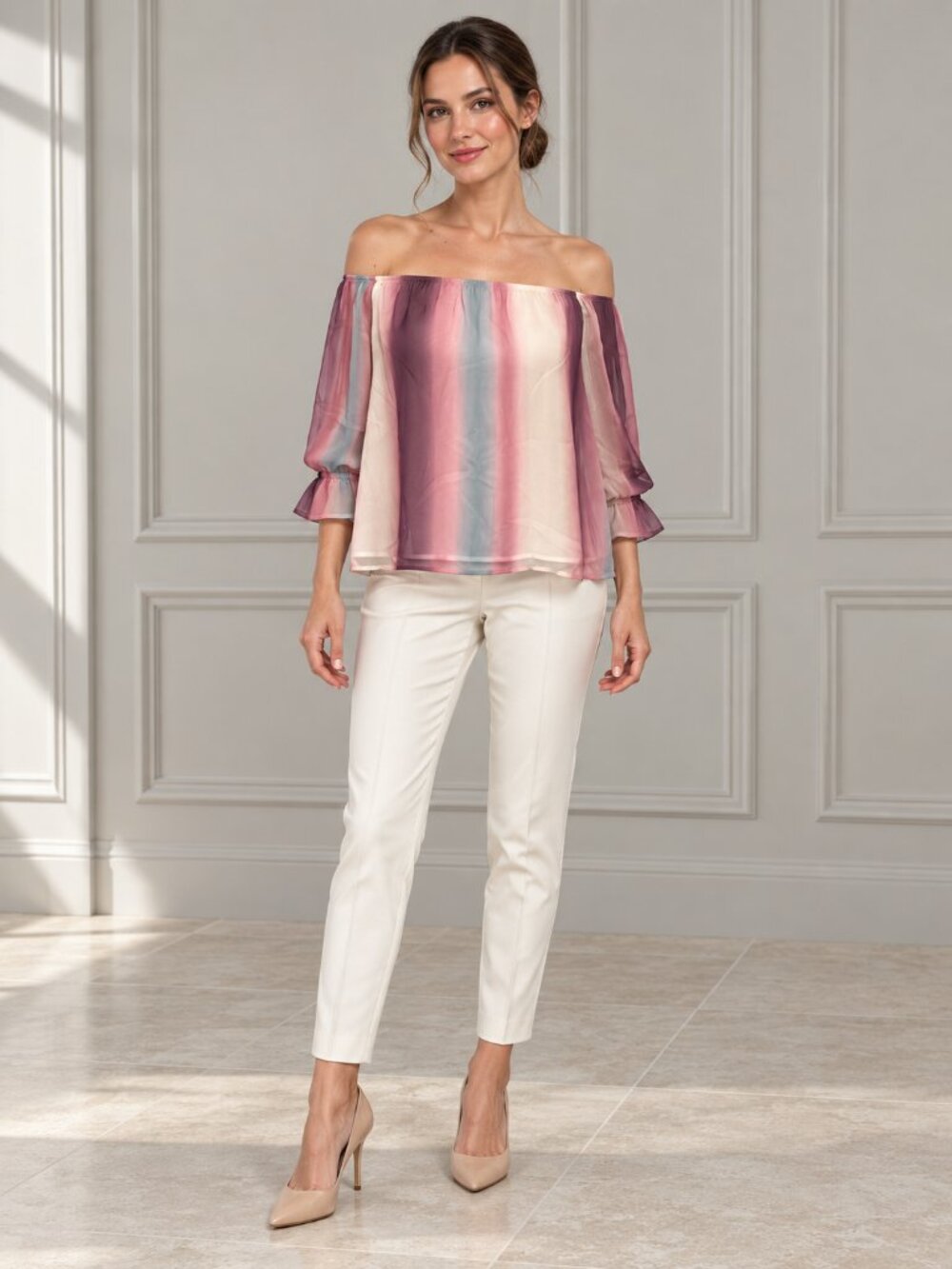 Express XS Off Shoulder Watercolor Stripe Chiffon Blouse